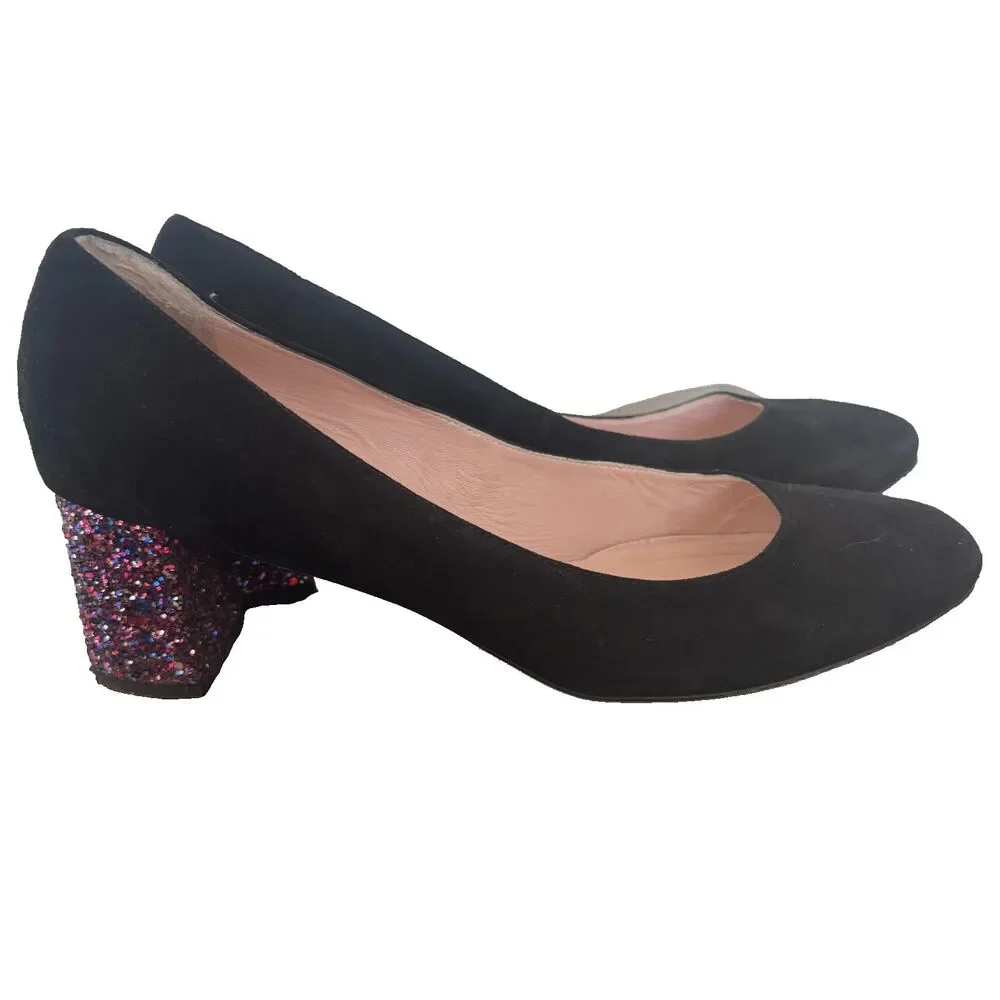 Kate Spade Made in Italy Black Suede Pumps Women's 10M Glitter Block Heels
